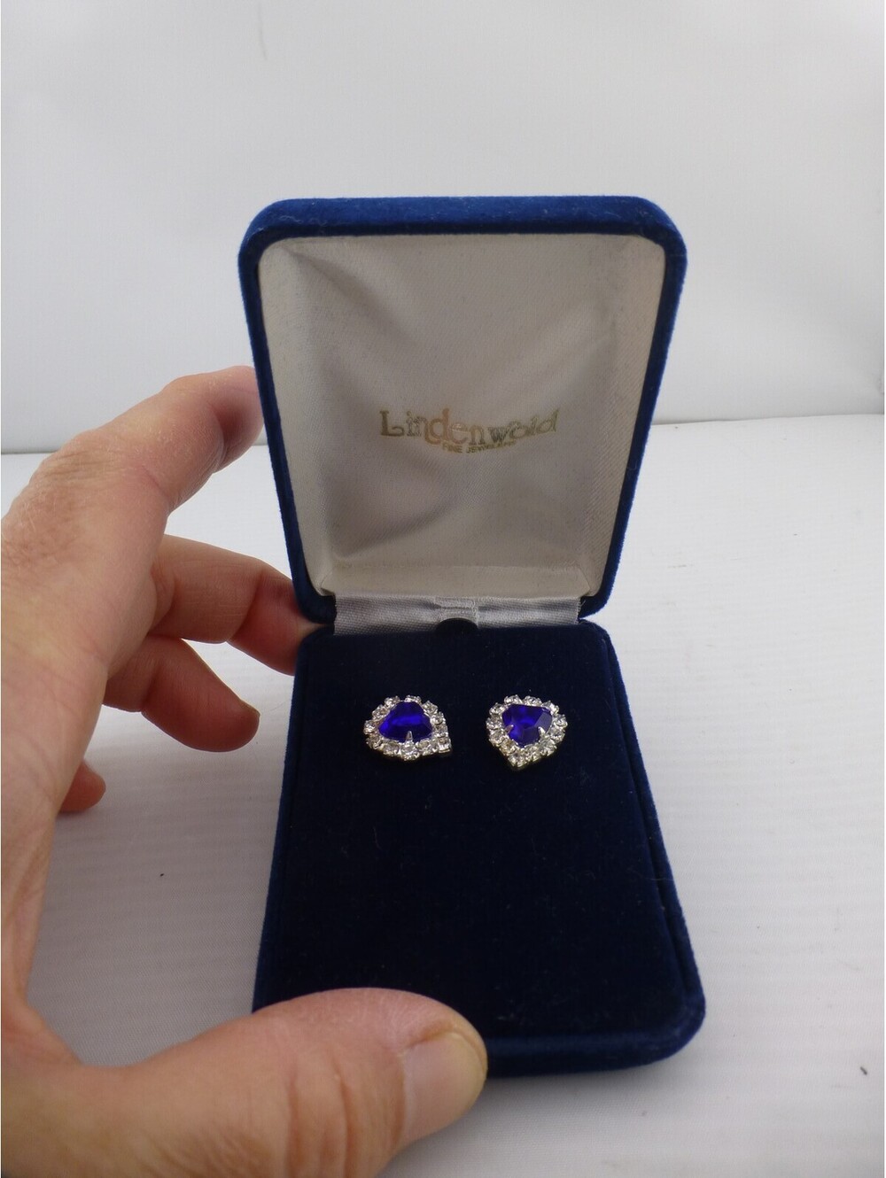 Lindenwold Blue Heart Rhinestone Stud Earrings Silver Tone Made in Japan F4